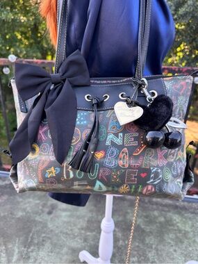 Dooney & Bourke Black Multicolor Graffiti Tote with Bow Charm